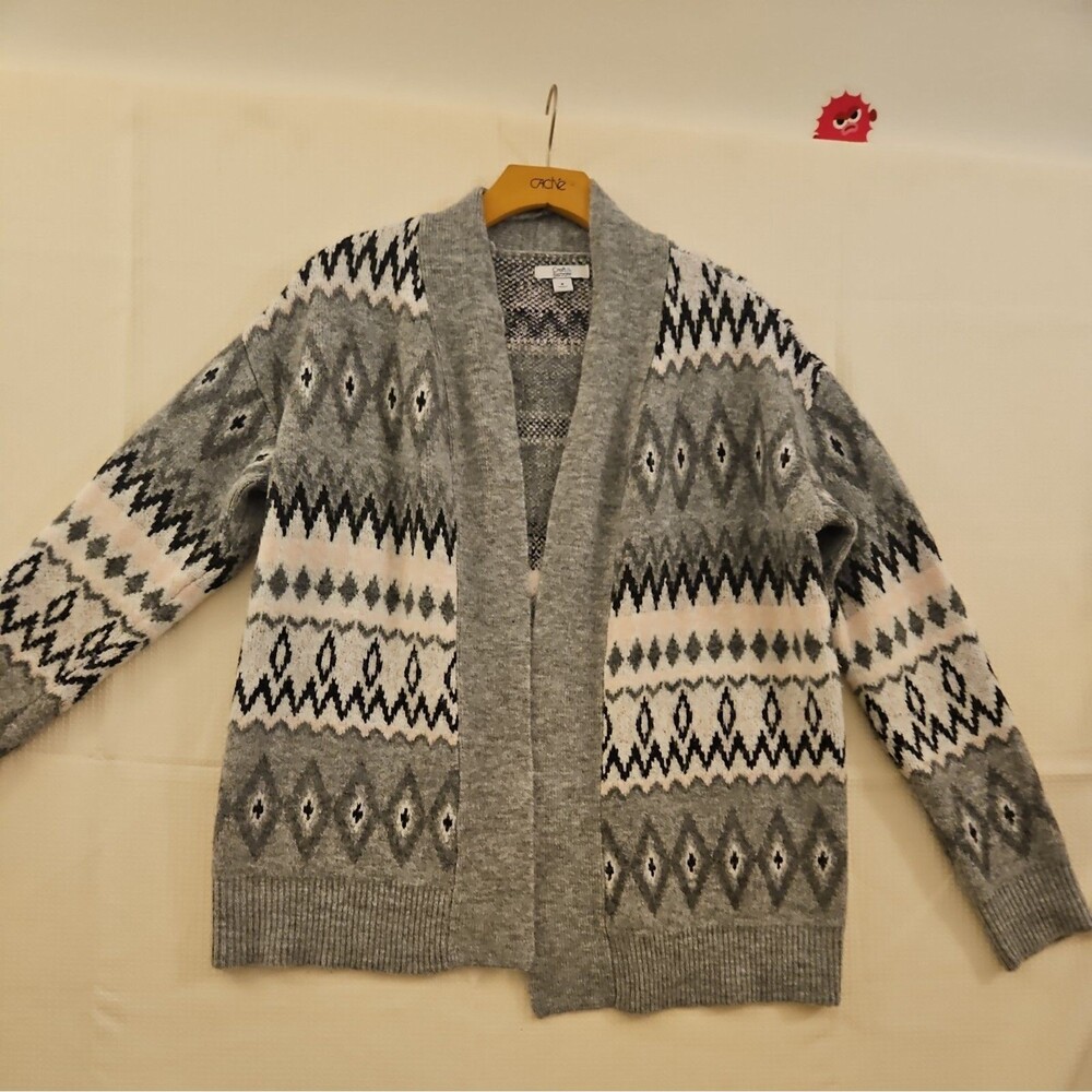 Cozy Croft & Barrow M Gray White Pink Open Front Cardigan Fair Isle Sweater Wrap